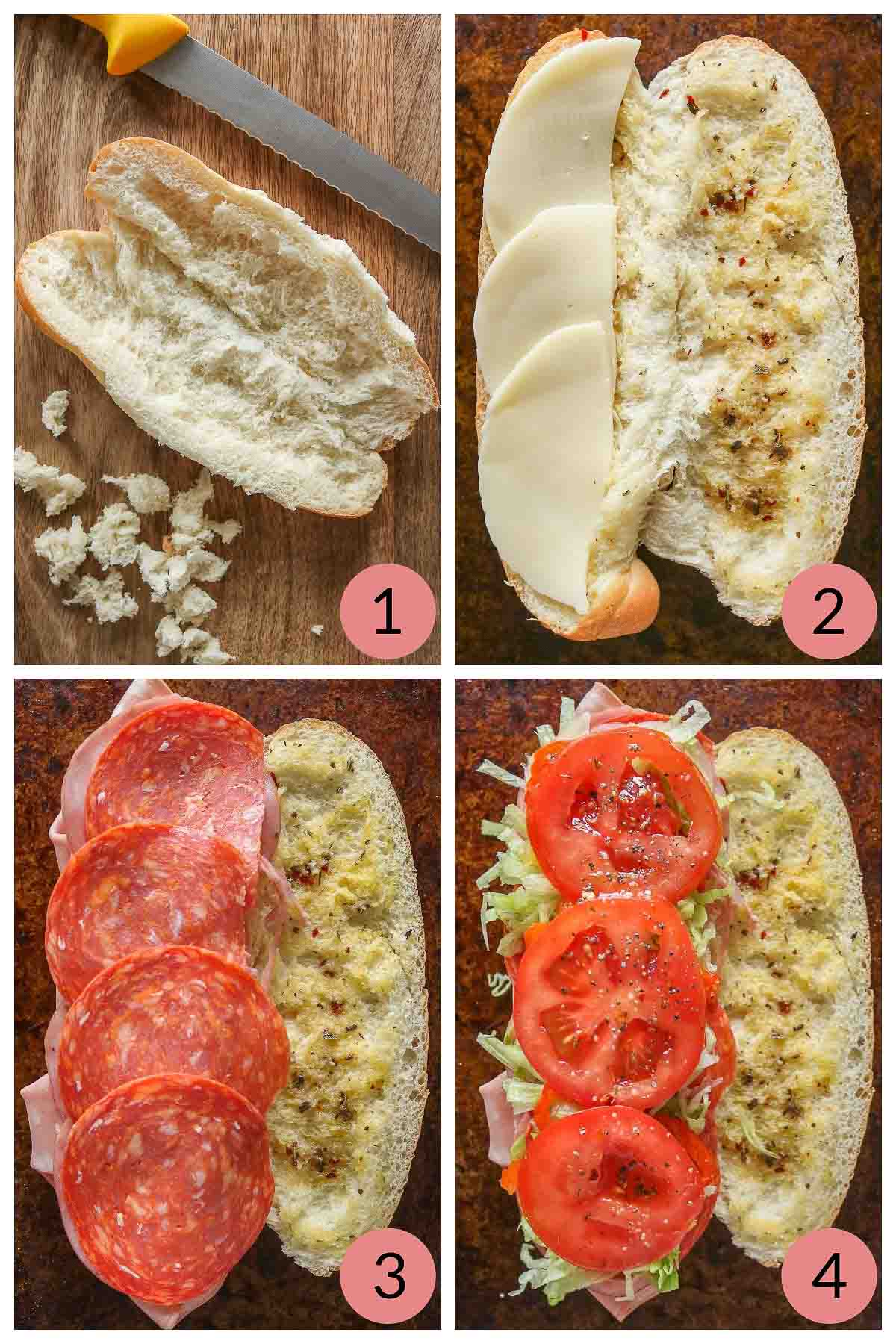 Collage of steps to make a cold cut sub sandwich.