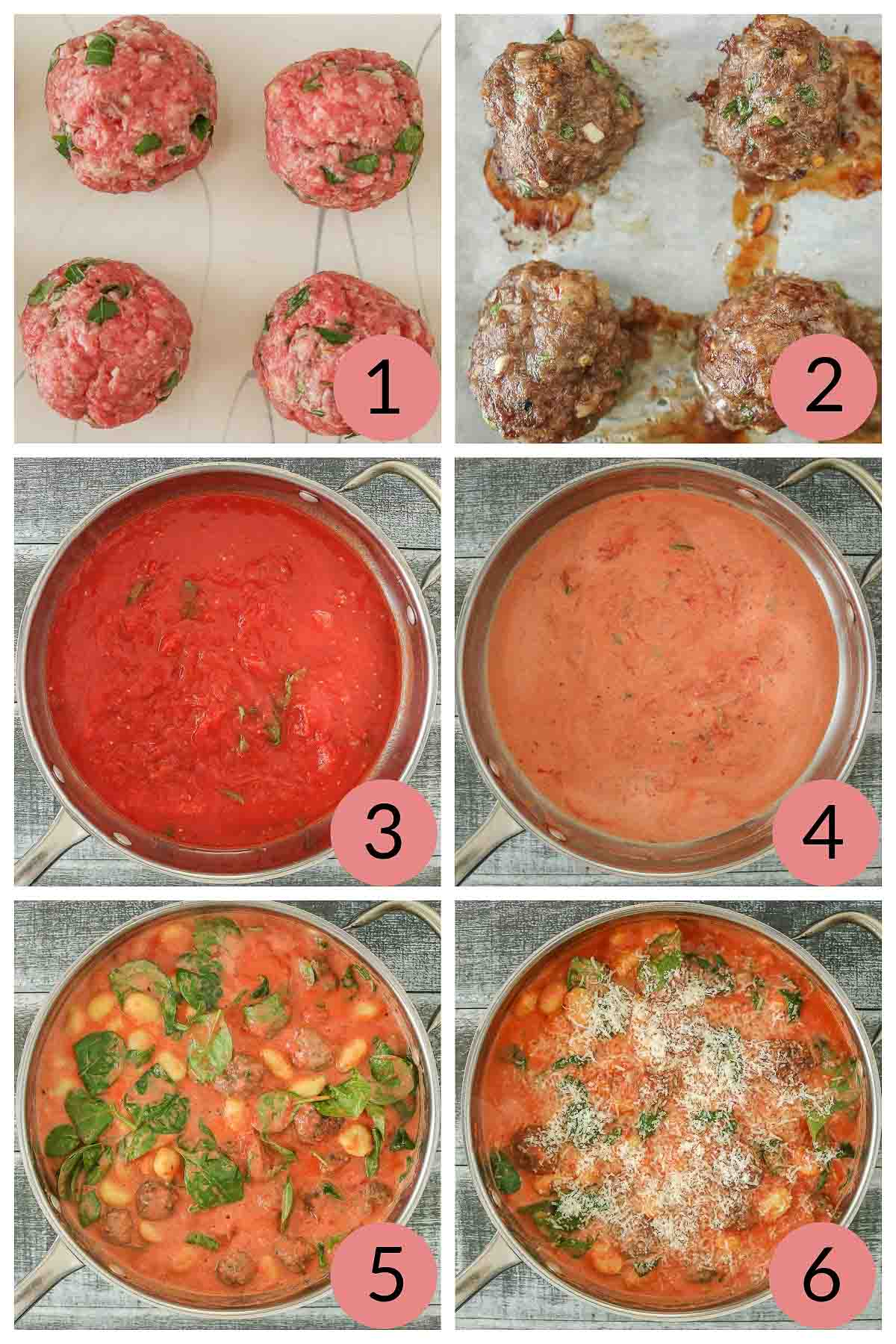 Collage of steps to a make a meatball and gnocchi recipe with creamy tomato sauce.