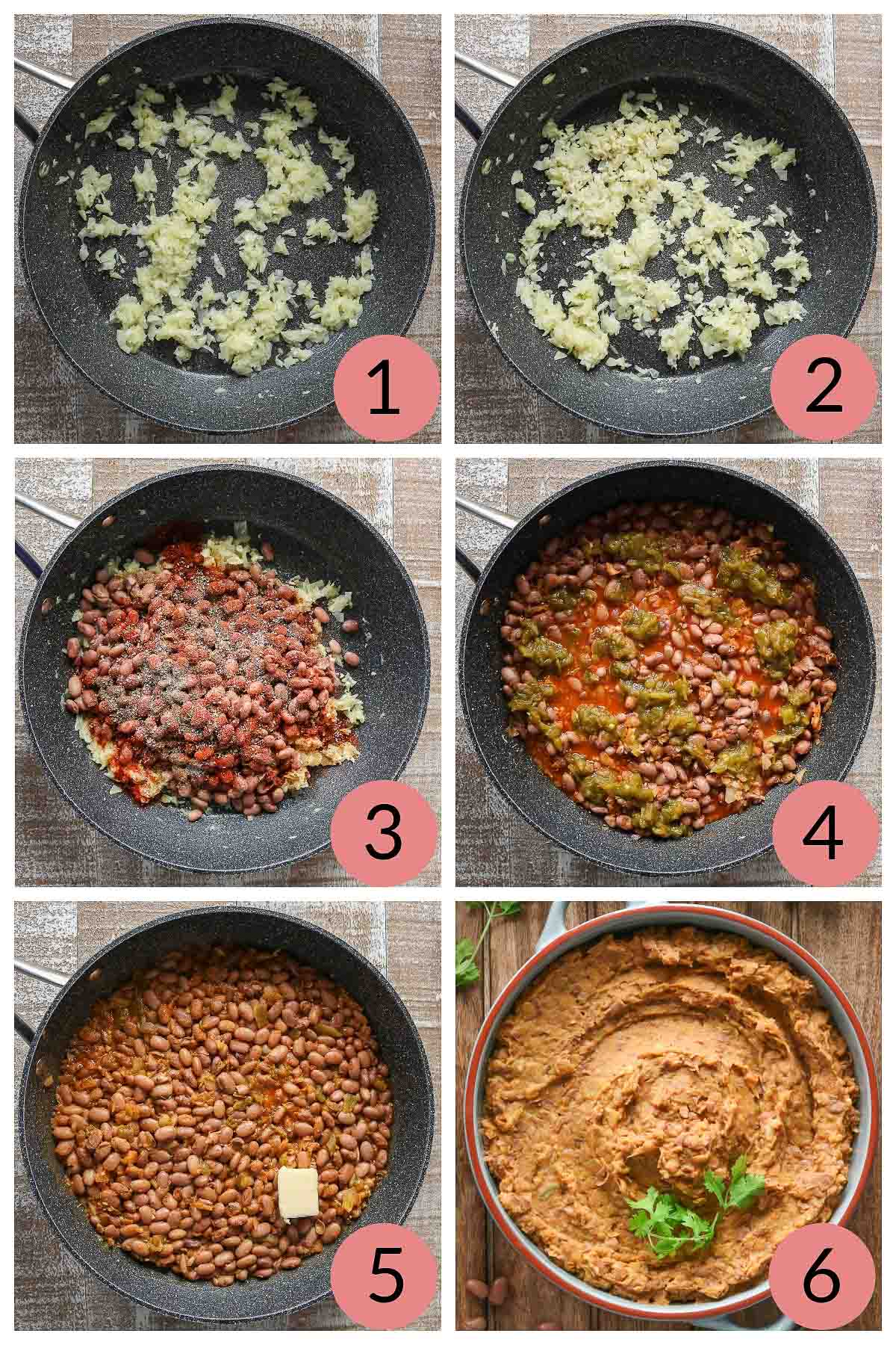 Collage of steps to make refried beans.