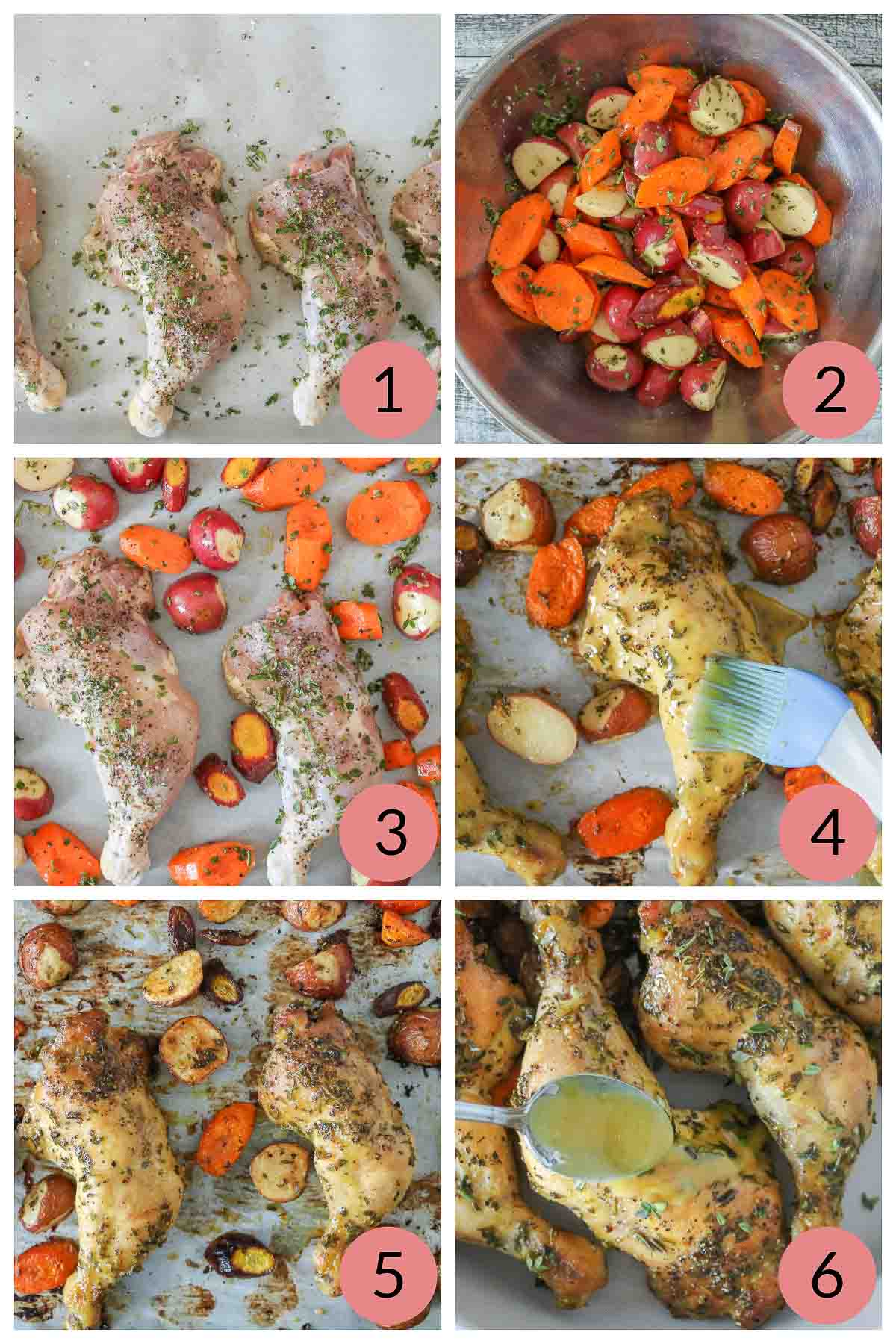 Collage of steps to make sheet pan chicken and vegetables with honey mustard sauce.