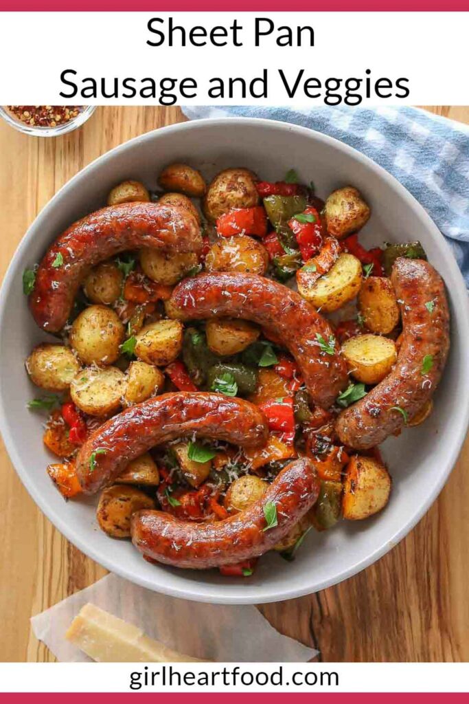 Sausage and vegetables in a serving dish.