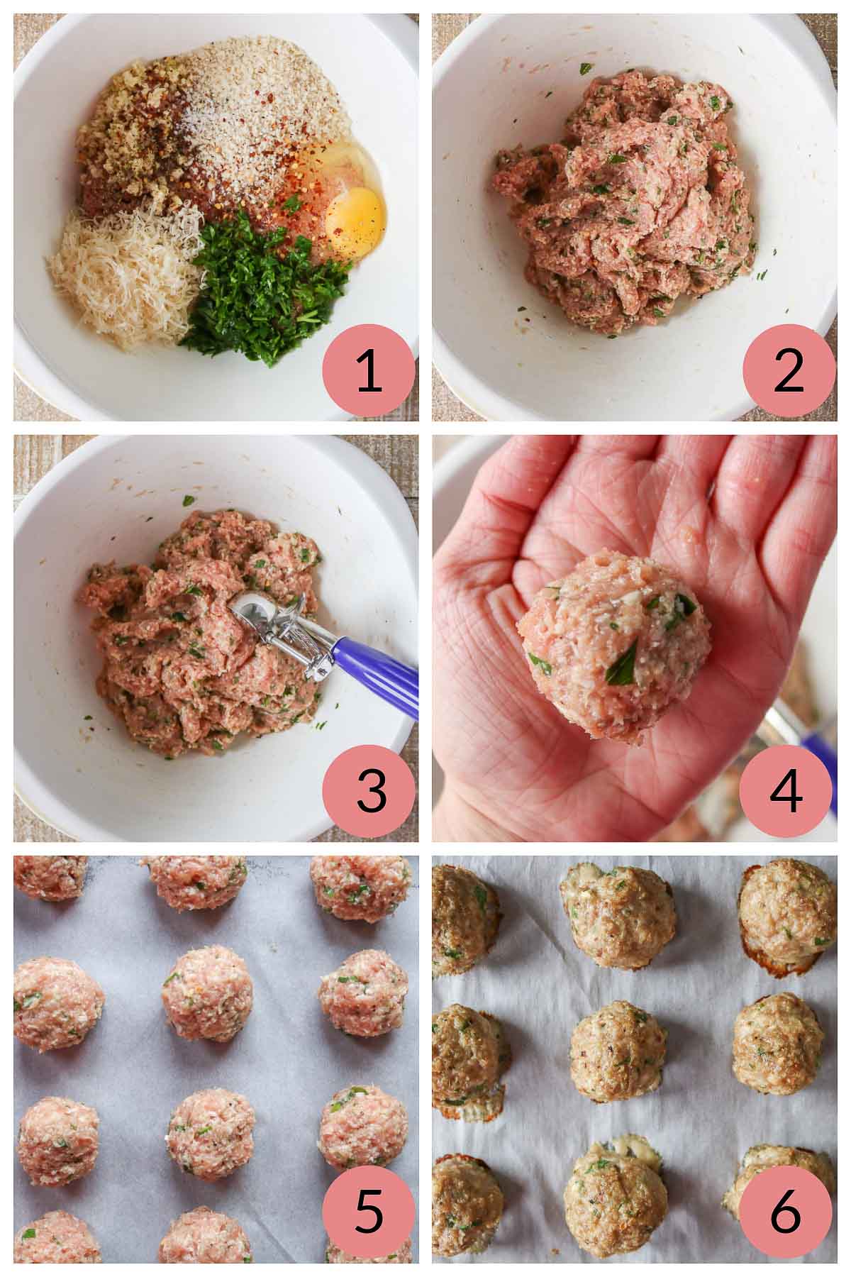 Collage of steps to make baked chicken meatballs.