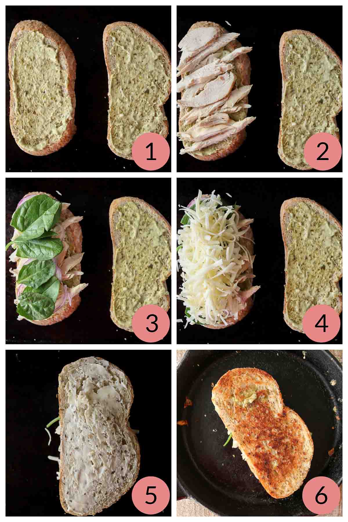 Collage of steps to make a cheesy grilled chicken pesto sandwich.