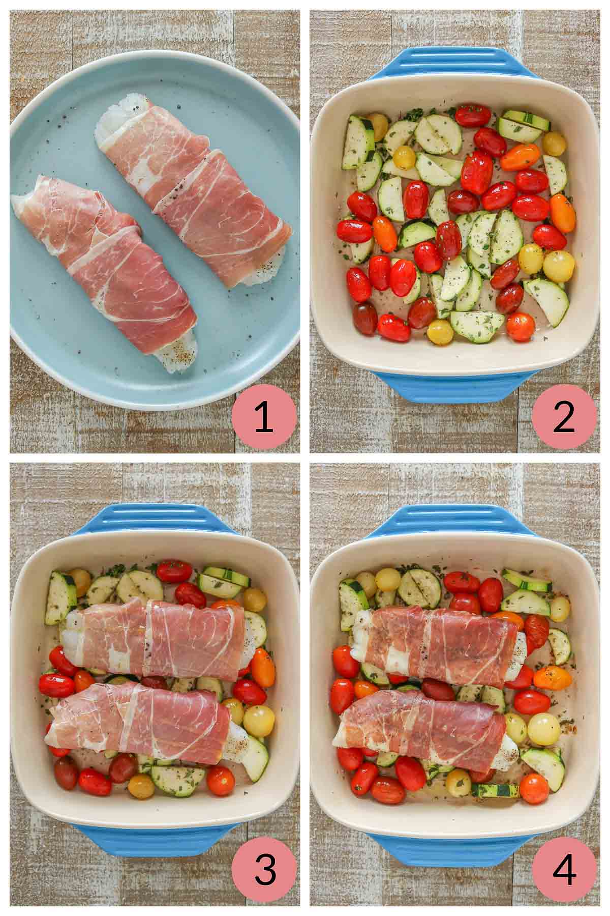 Collage of steps to make cod wrapped in prosciutto with tomatoes and zucchini.