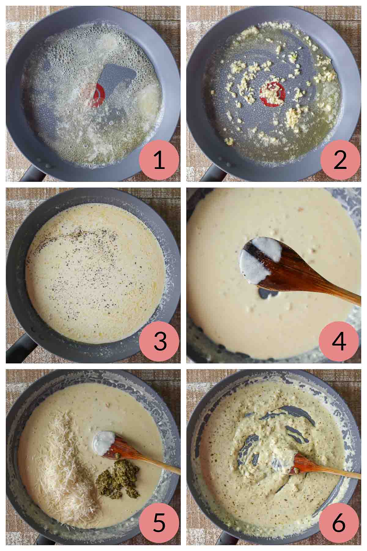 Collage of steps to make pesto cream sauce.