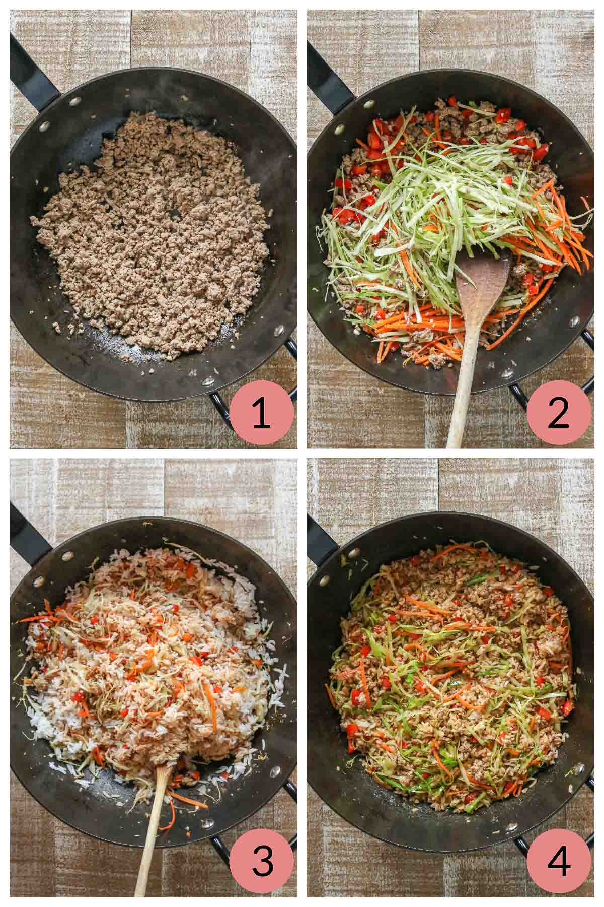 Collage of steps to make fried rice with ground turkey.
