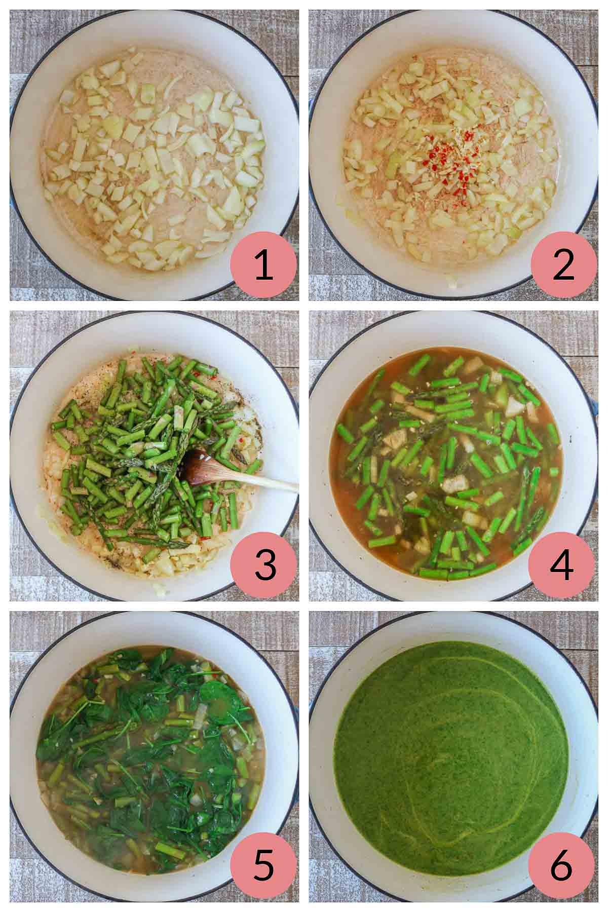 Collage of steps to make a vegan asparagus soup recipe with spinach.