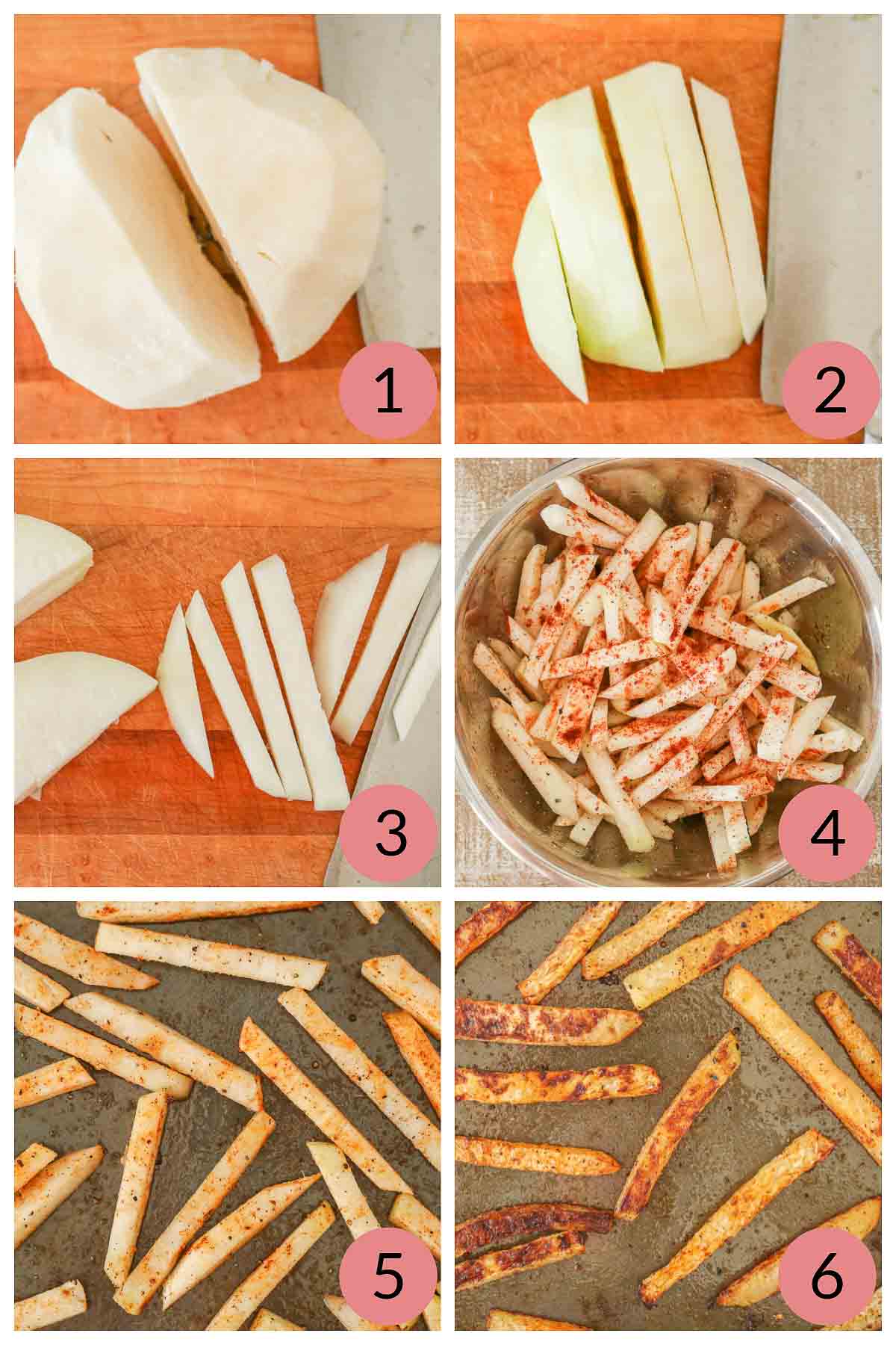 Collage of steps to make baked kohlrabi fries.