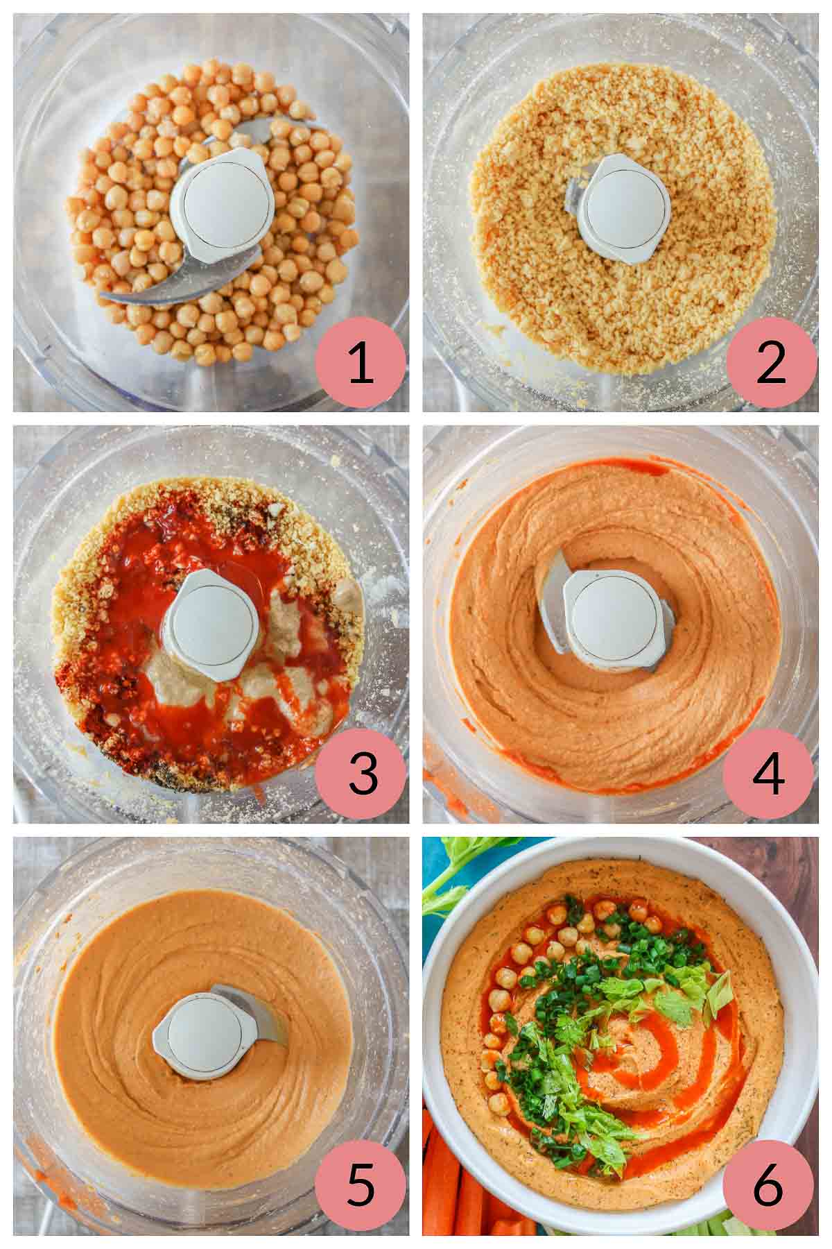 Collage of steps to make buffalo-flavoured hummus.