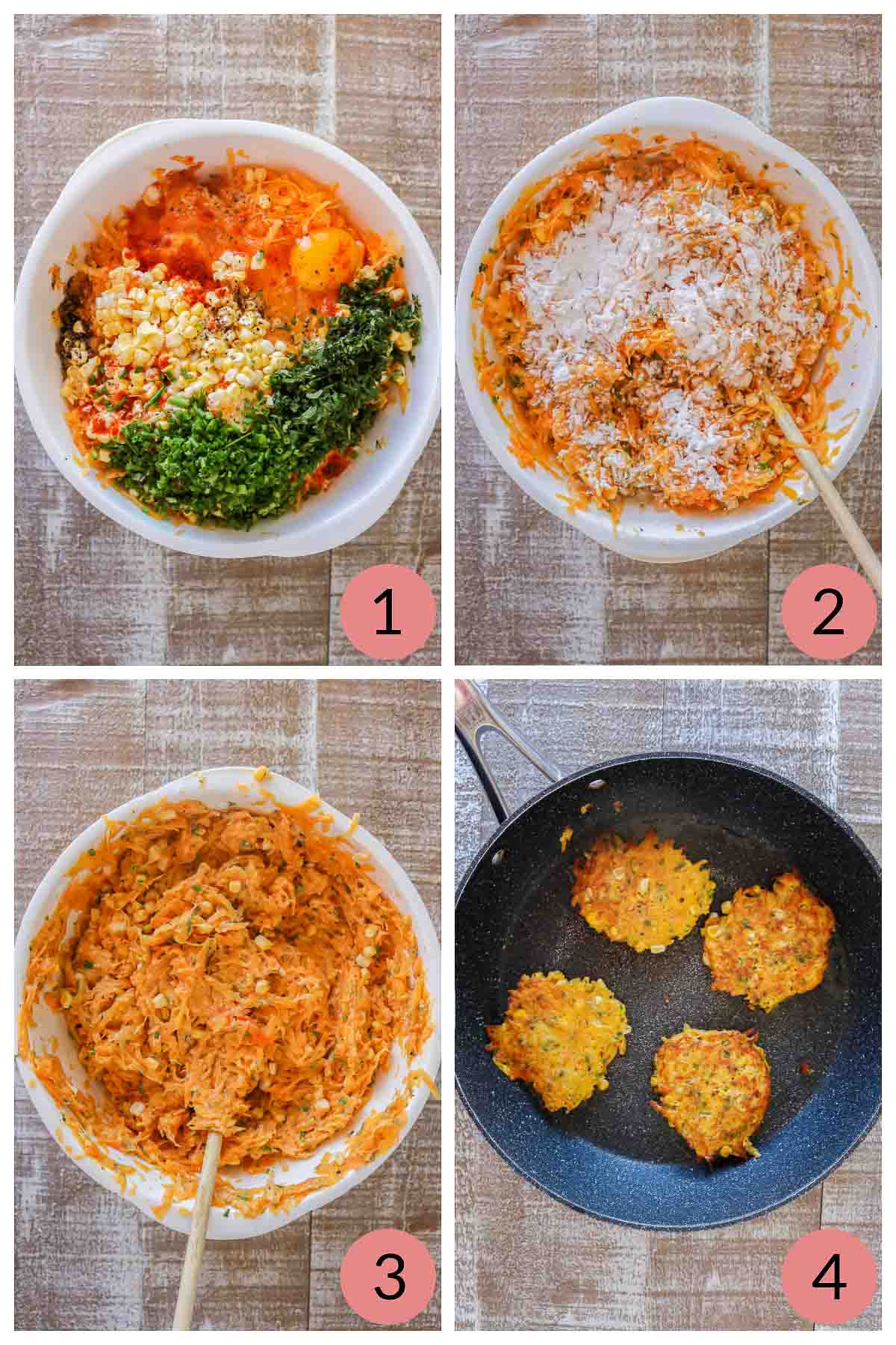 Collage of steps to make butternut squash fritters.