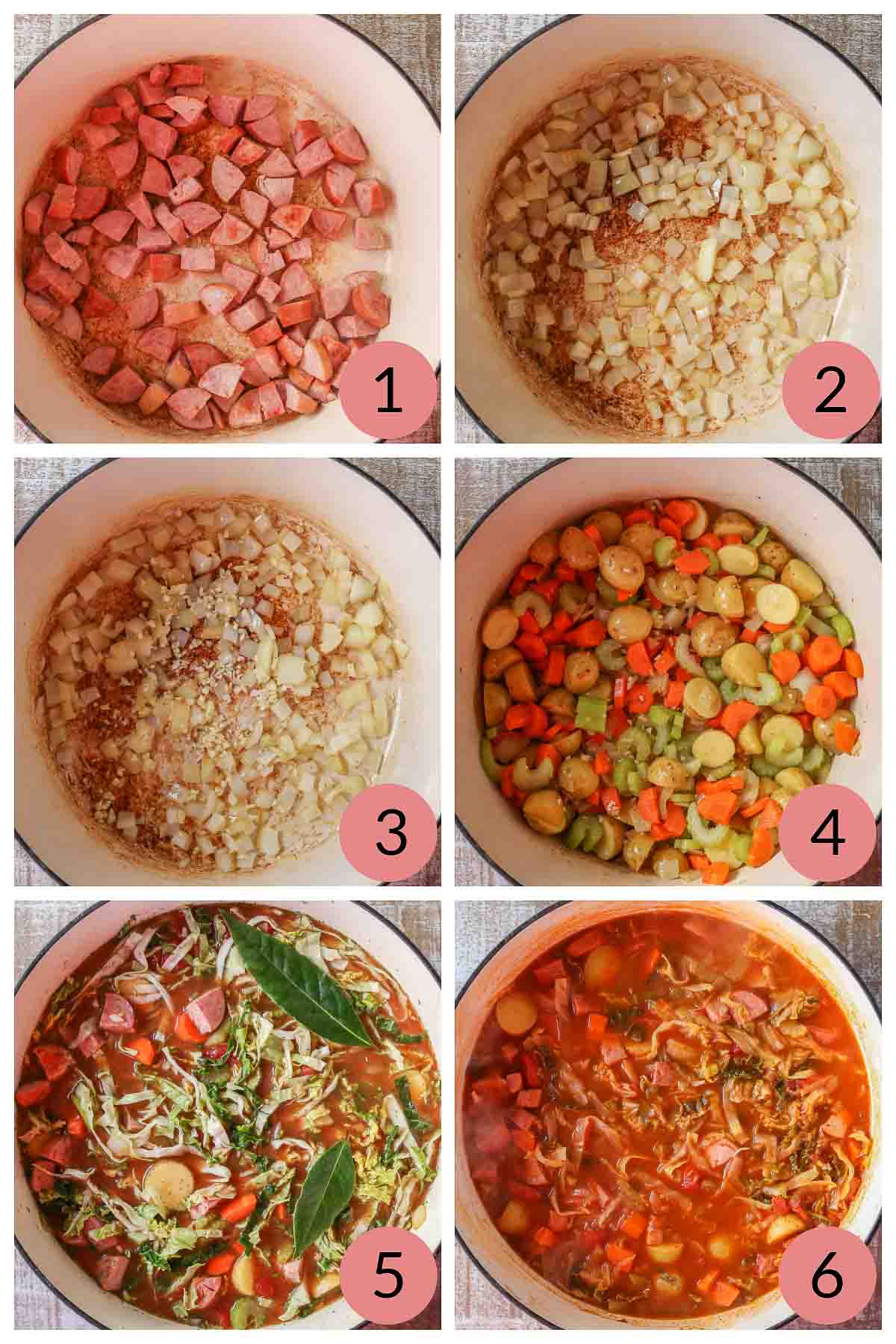 Collage of steps to make a cabbage soup recipe.