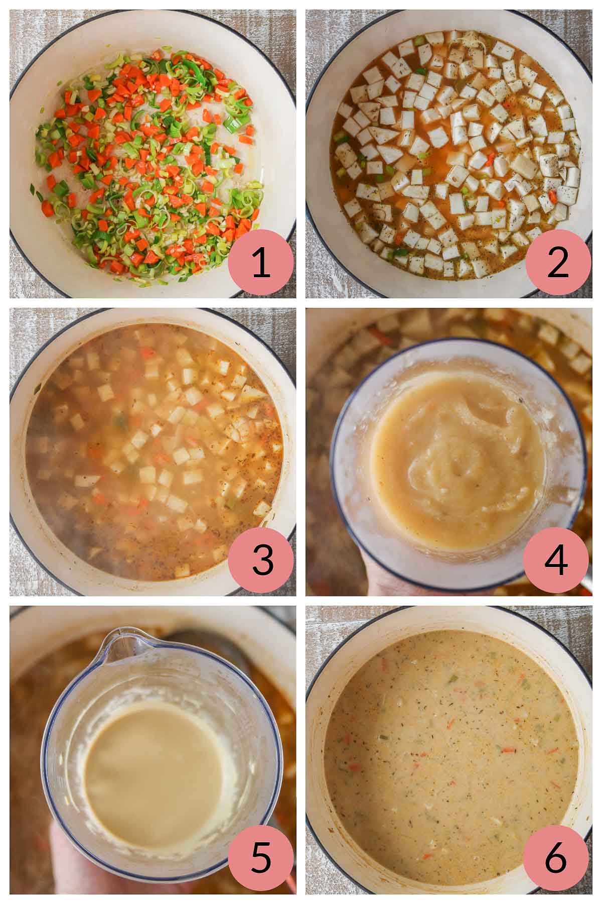 Collage of steps to make celery root soup.