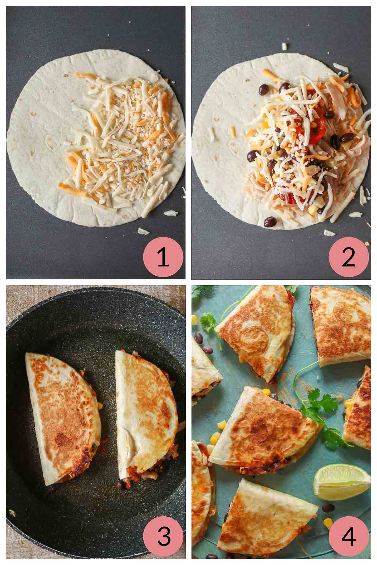 Collage of steps to make cheesy chicken quesadillas.