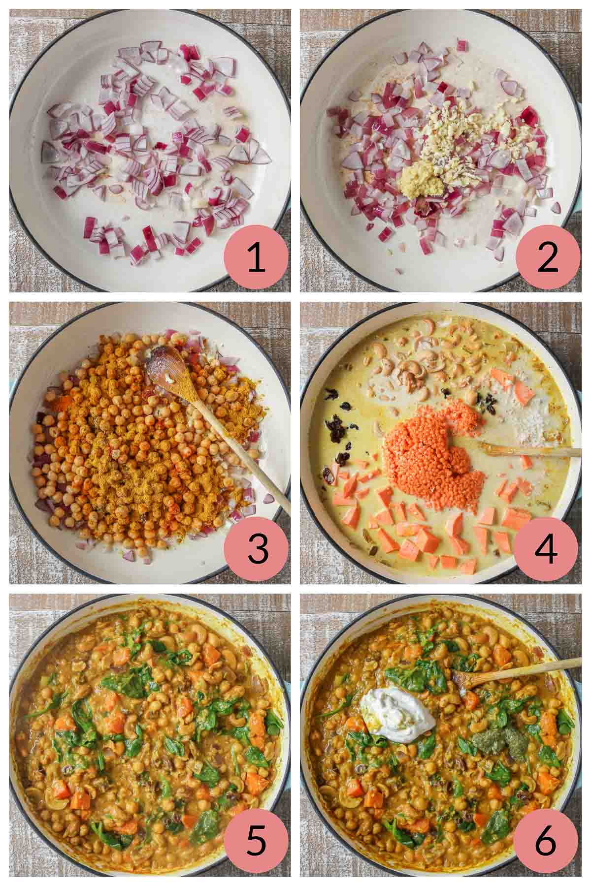 Collage of steps to make chickpea lentil curry.