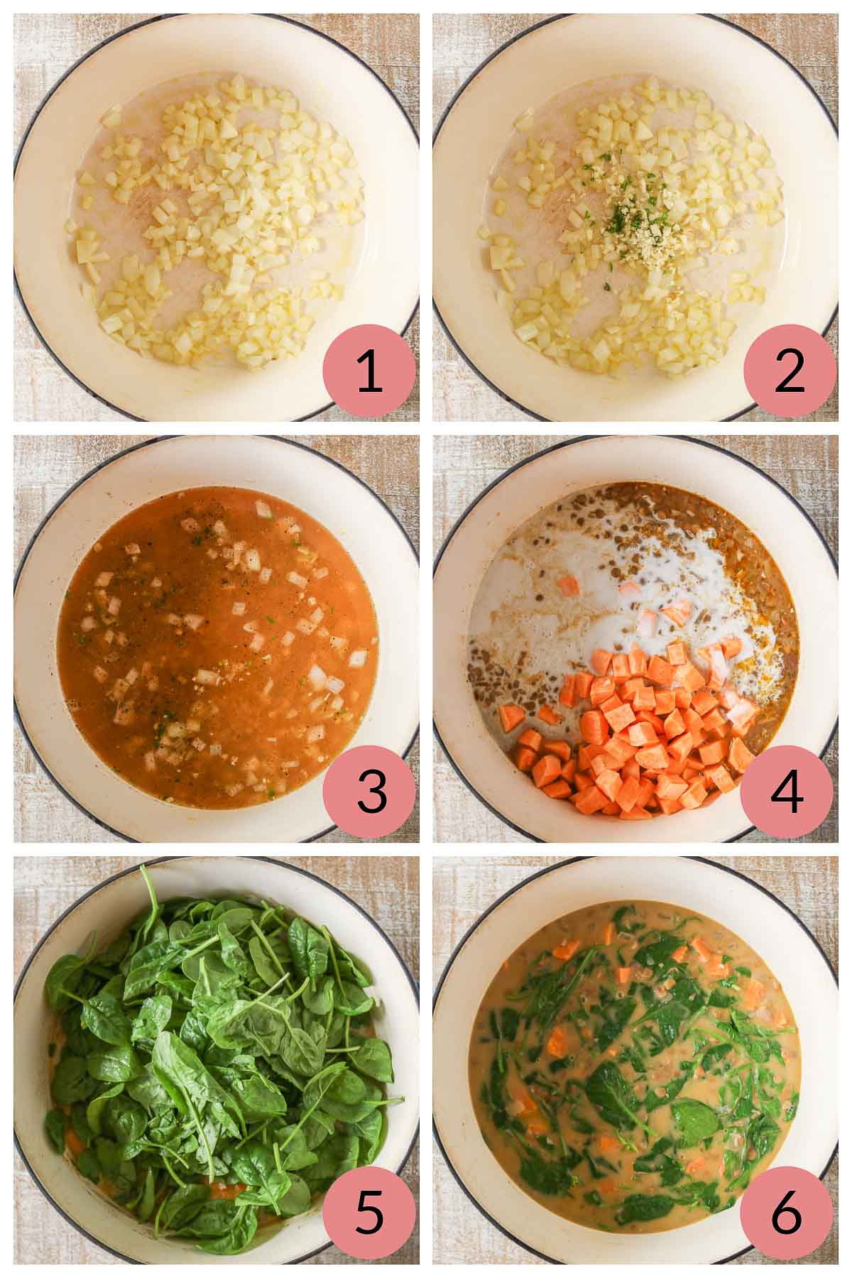Collage of steps to make green lentil soup with vegetables and coconut milk.