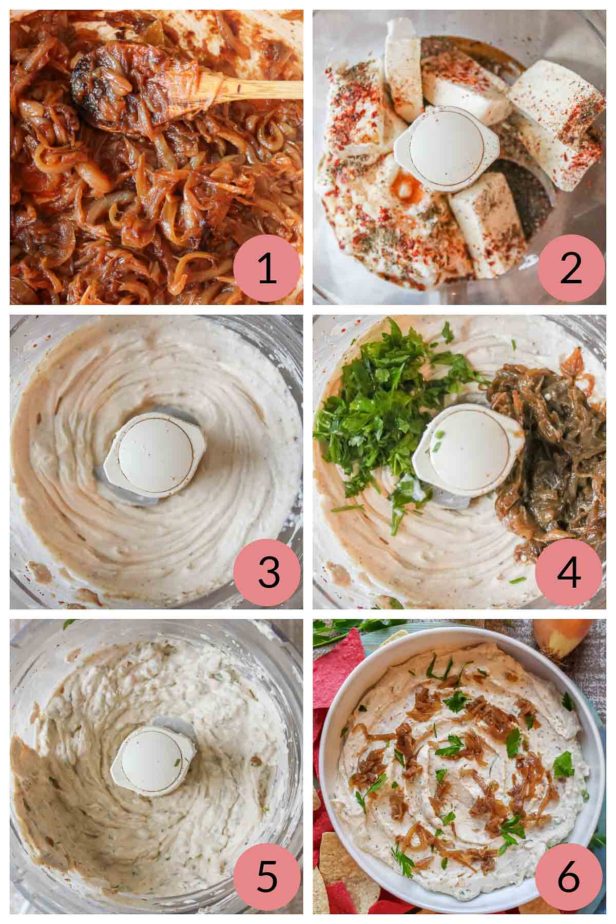 Collage of steps to make homemade onion dip.
