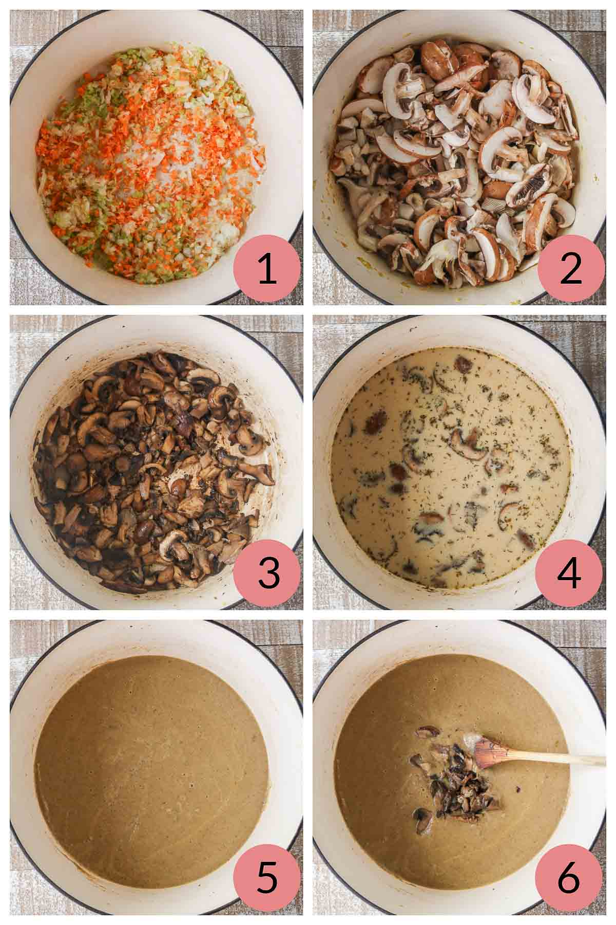 Collage of steps to make fresh mushroom soup.
