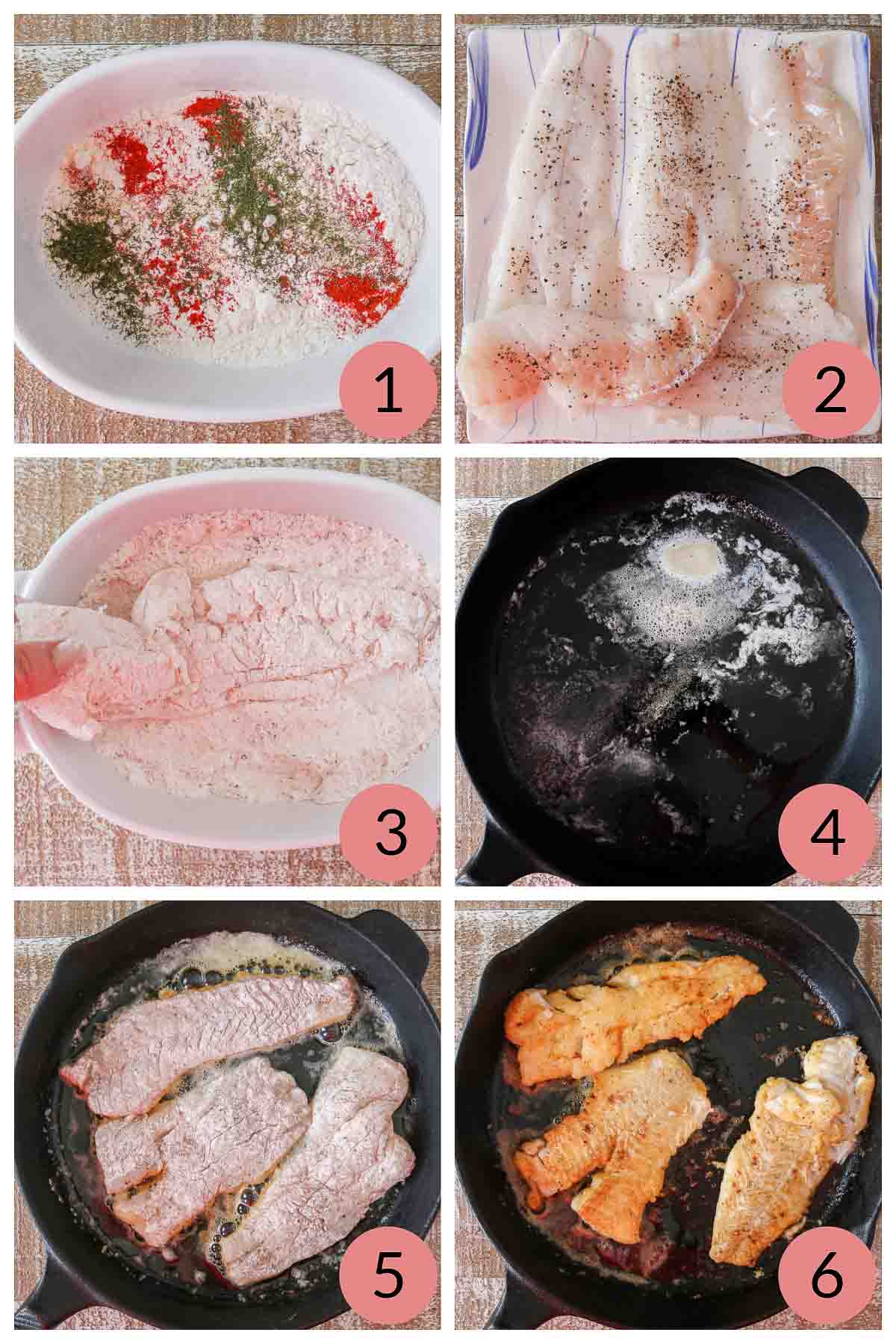 Collage of steps to make pan-fried cod fillets.