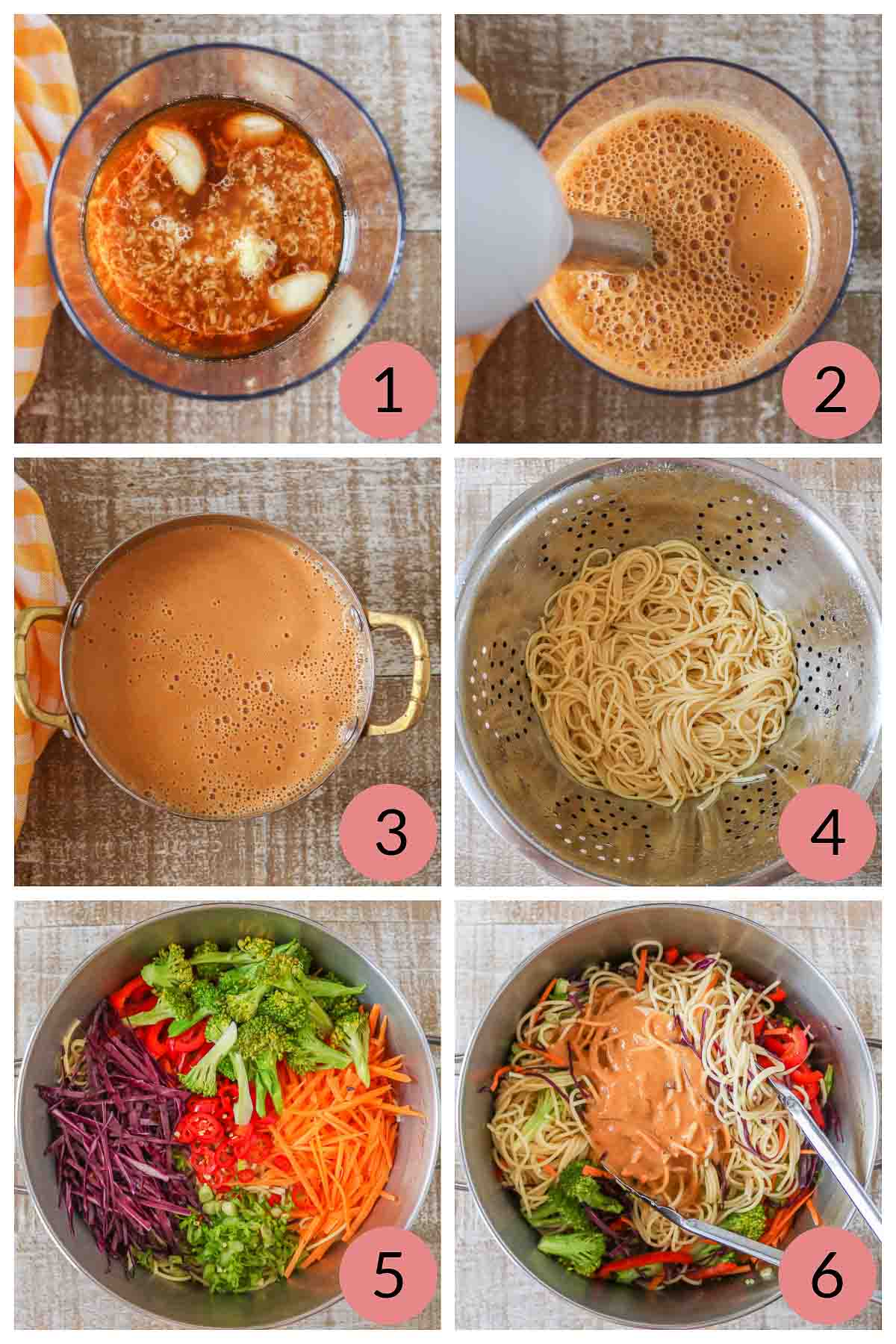 Collage of steps to make noodles with peanut sauce and vegetables.