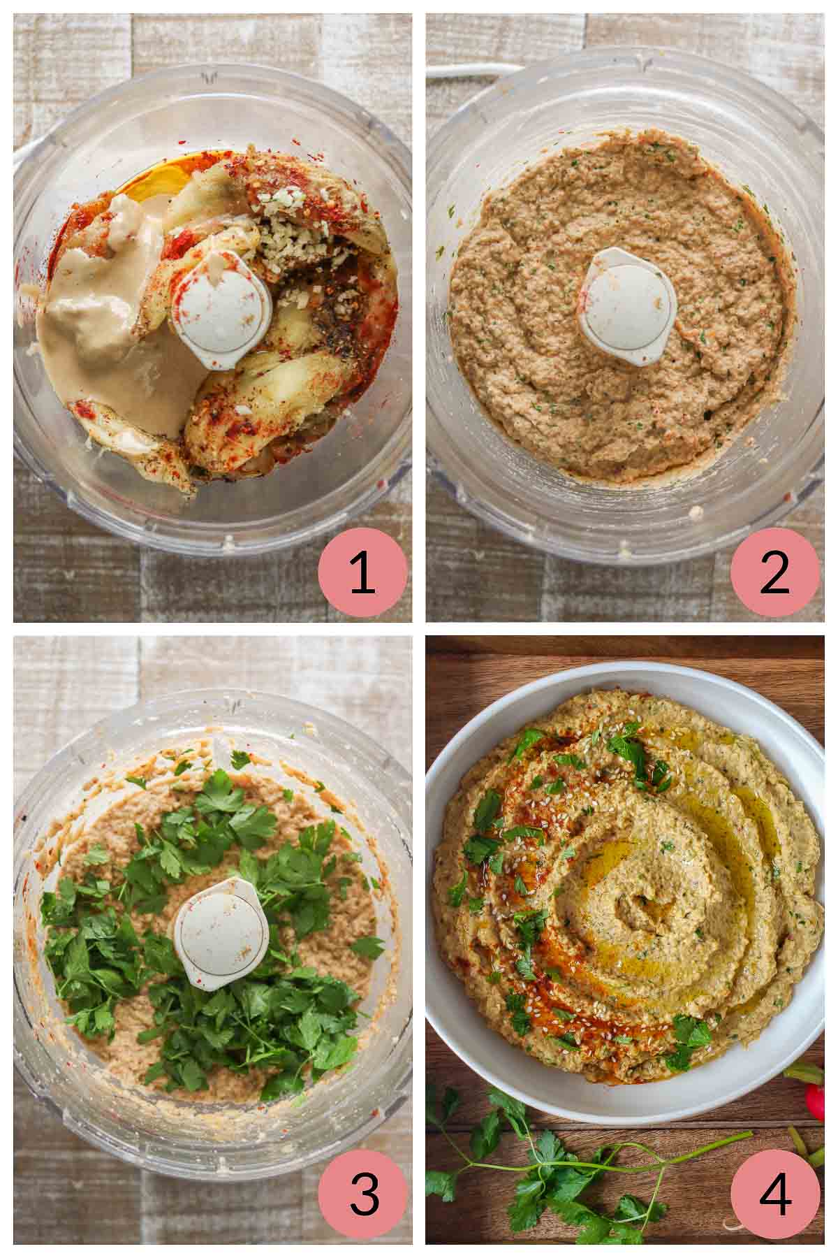 Collage of steps to make roasted eggplant dip.