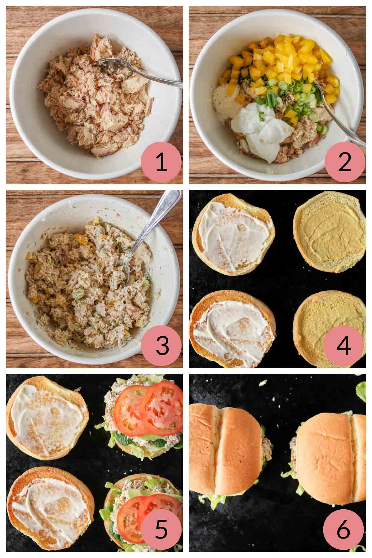 Collage of steps to make canned salmon salad sandwiches with veggies.