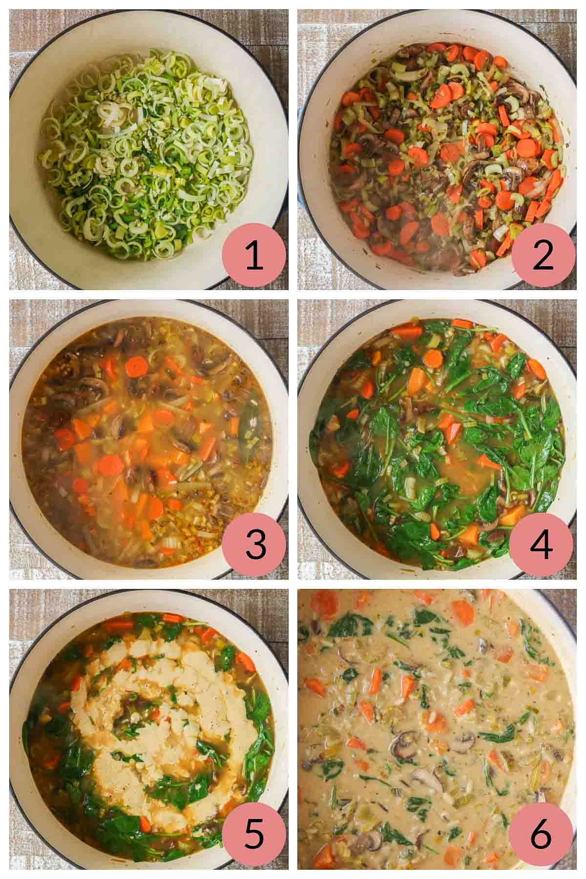 Collage of steps to make vegetable rice soup.