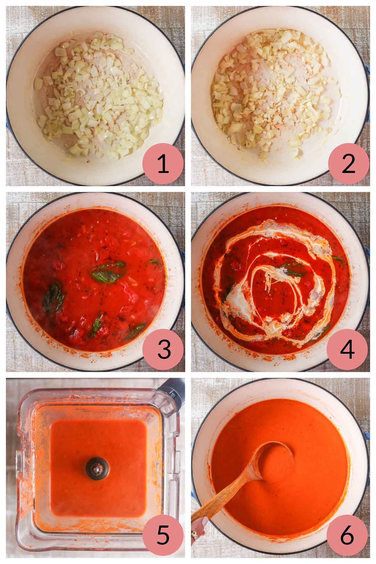 Collage of steps to make canned tomato soup.