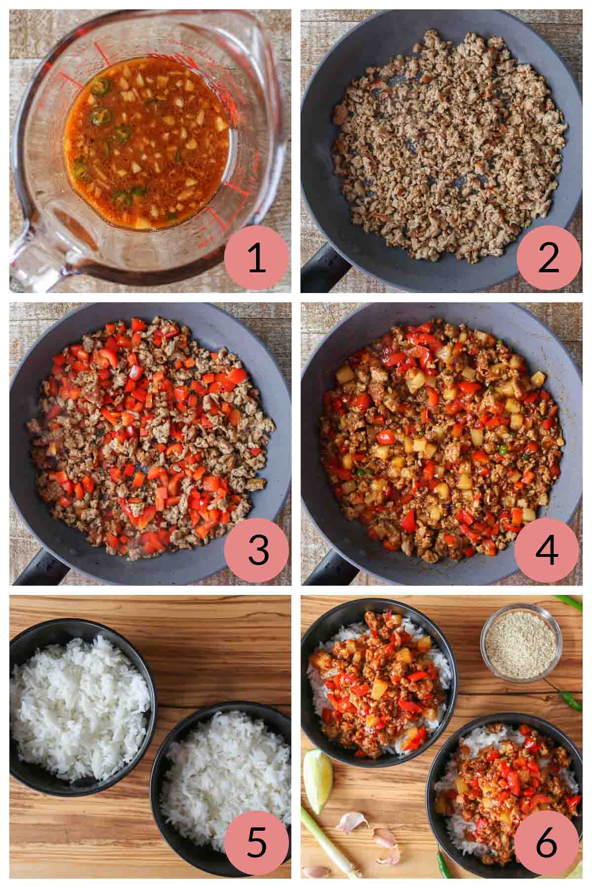 Collage of steps to make a ground chicken rice bowl recipe.