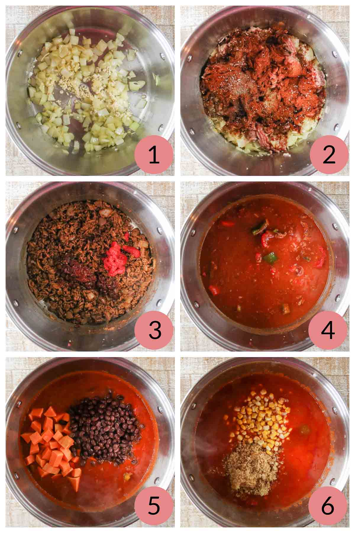 Collage of steps to make homemade turkey quinoa chili.