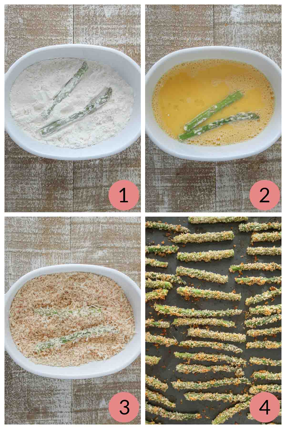 Collage of steps to make panko Parmesan crusted asparagus.