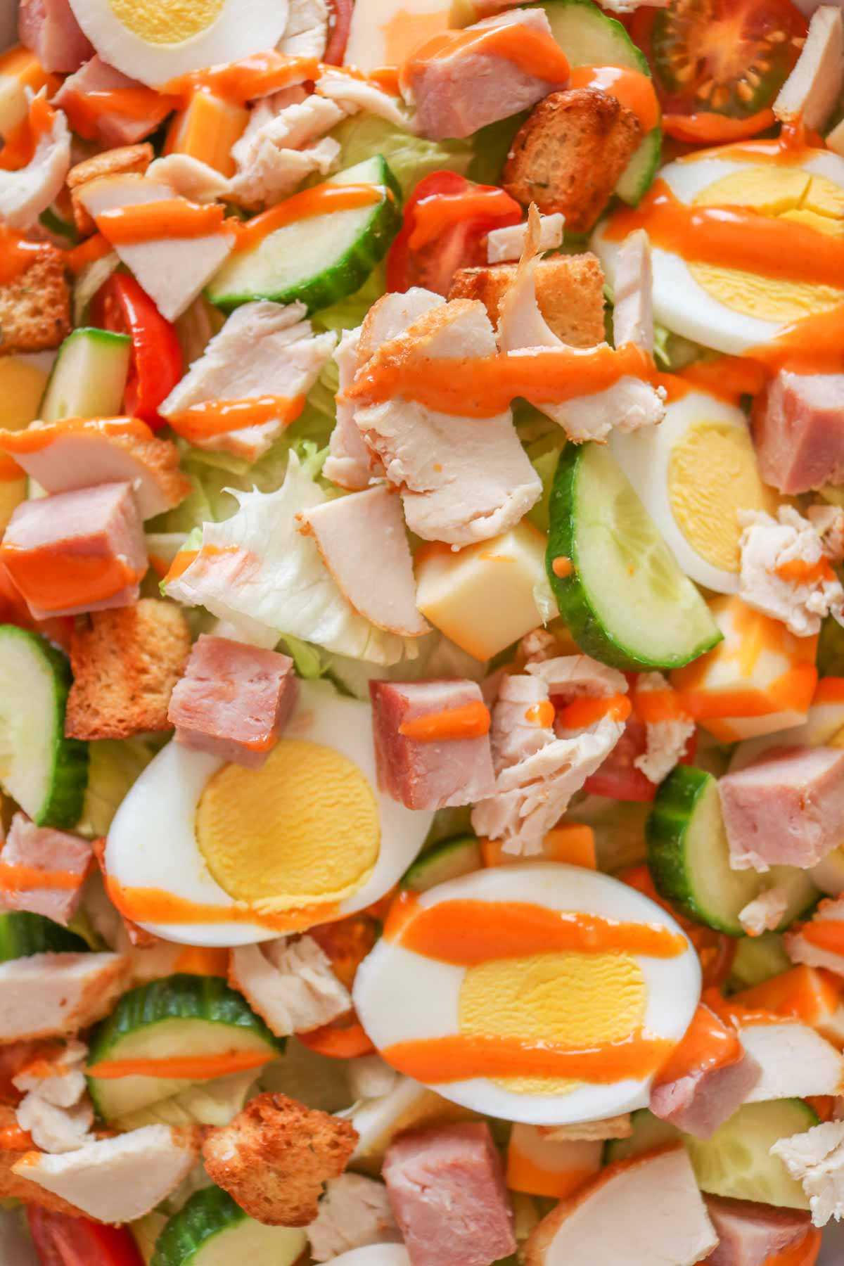 Close-up of chef's salad with French dressing.