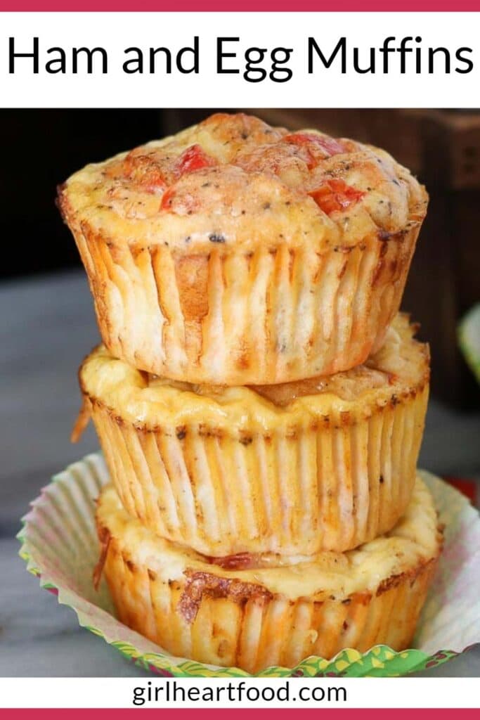 Stack of three breakfast ham and egg muffins.