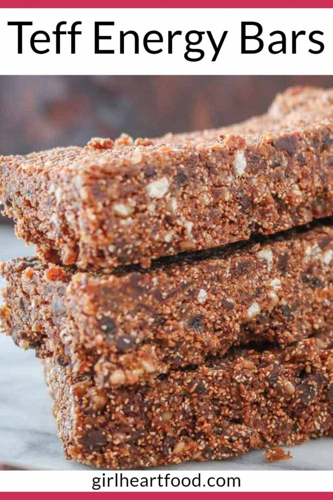 Close-up of a stack of three teff energy bars.