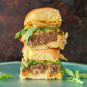 Stack of two meatloaf sliders.