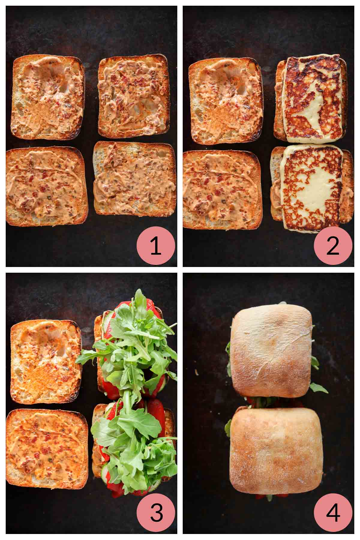 Collage of steps to assemble a halloumi sandwich recipe.