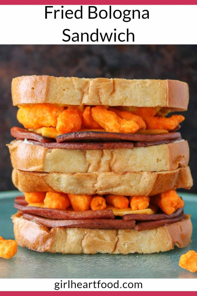 Stack of two fried bologna sandwiches.