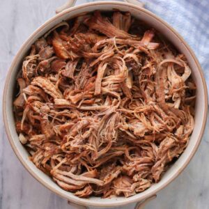 Pulled pork in a serving dish.
