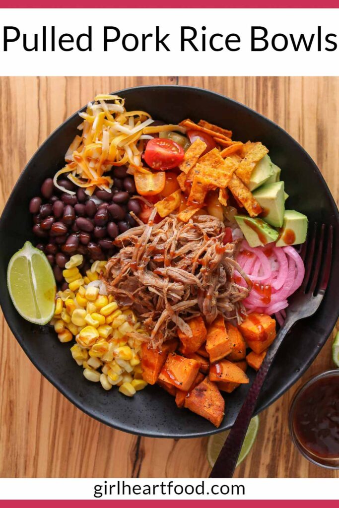Pulled pork rice bowl with toppings and drizzled with barbecue sauce.