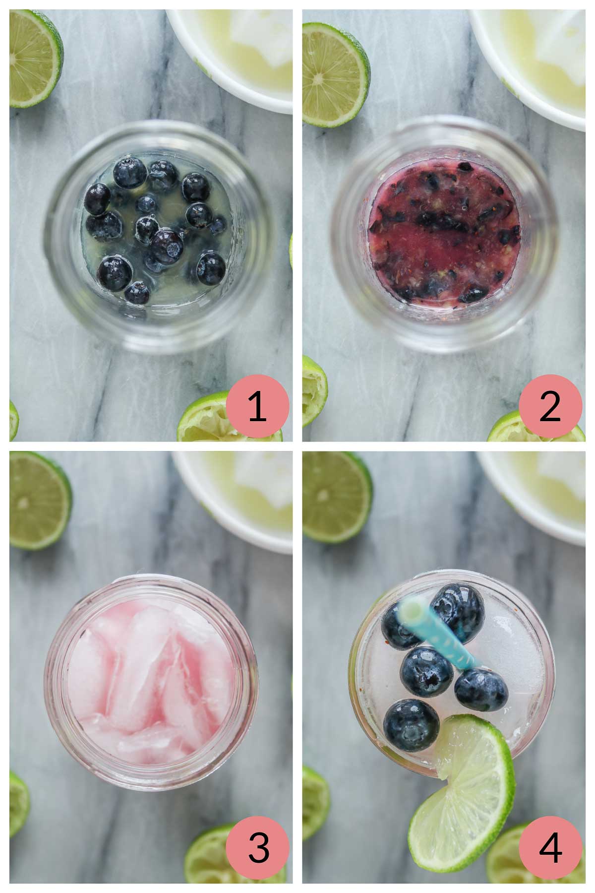Collage of steps to make a lime blueberry mocktail recipe.