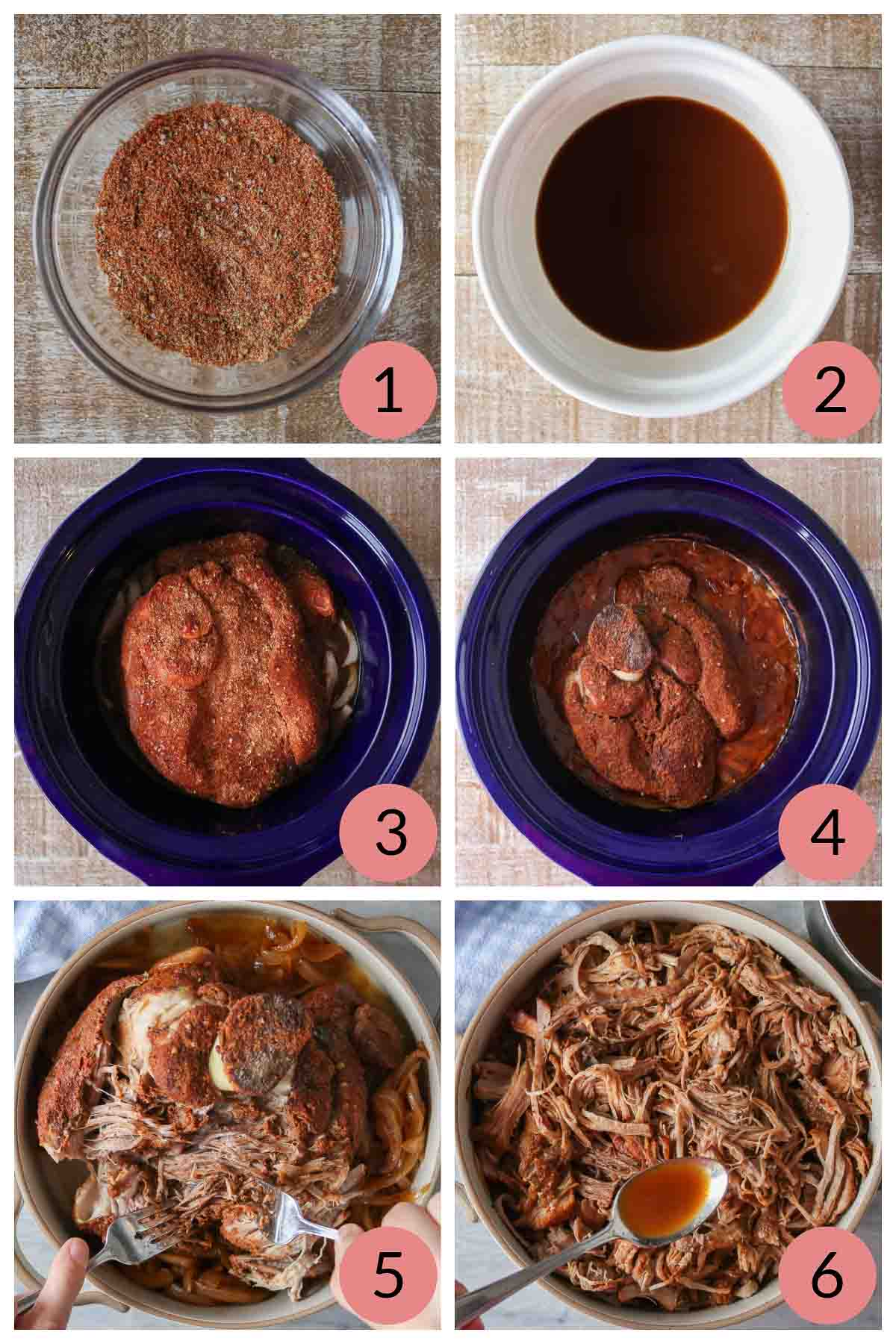 Collage of steps to make a slow cooker pulled pork recipe.