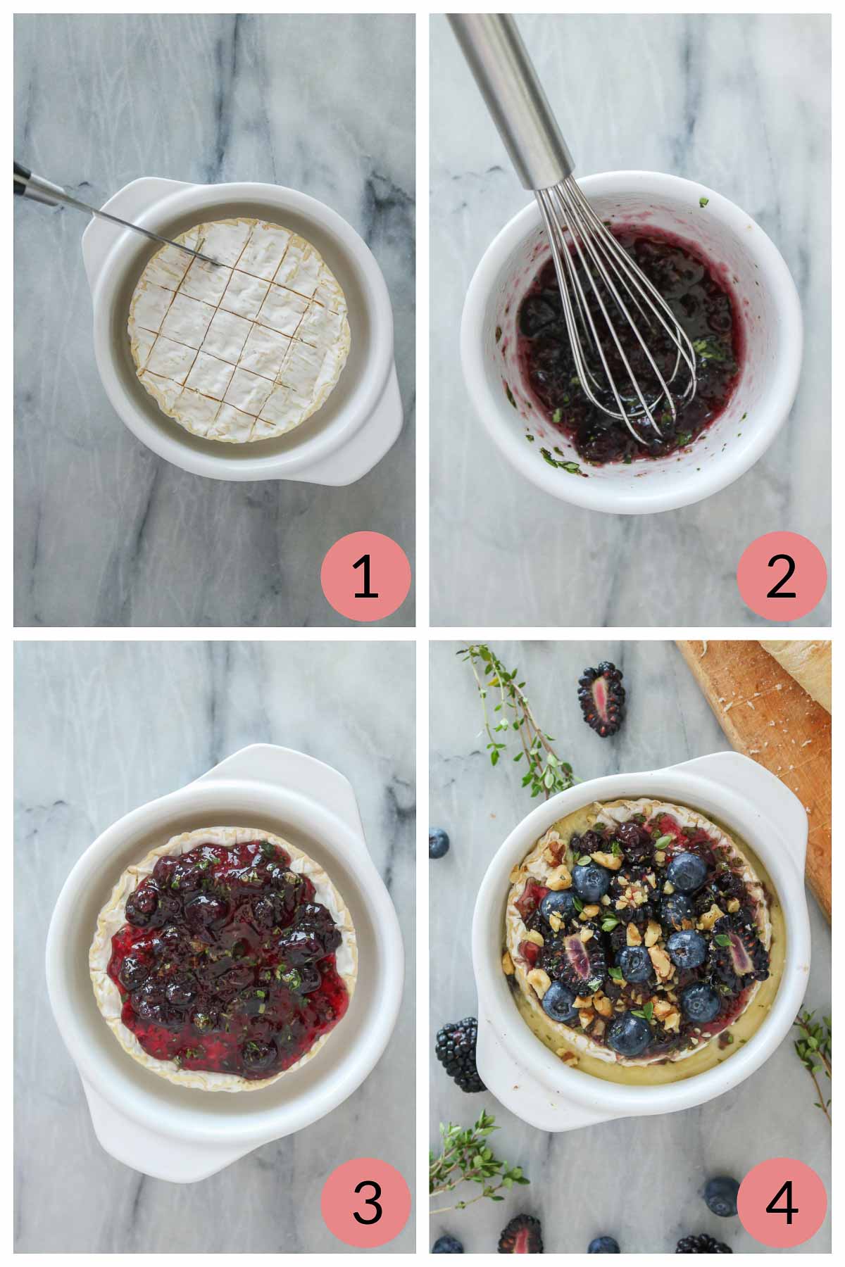 Collage of steps to make a baked camembert recipe.