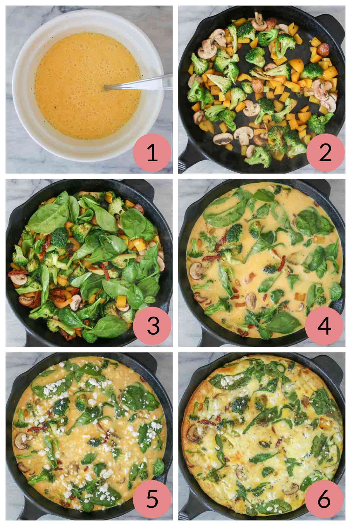 Collage of steps to make a frittata with vegetables.