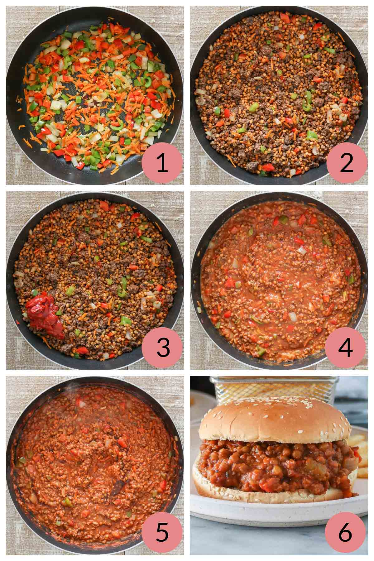 Collage of steps to make sloppy joes with lentils, veggie "meat" and vegetables.