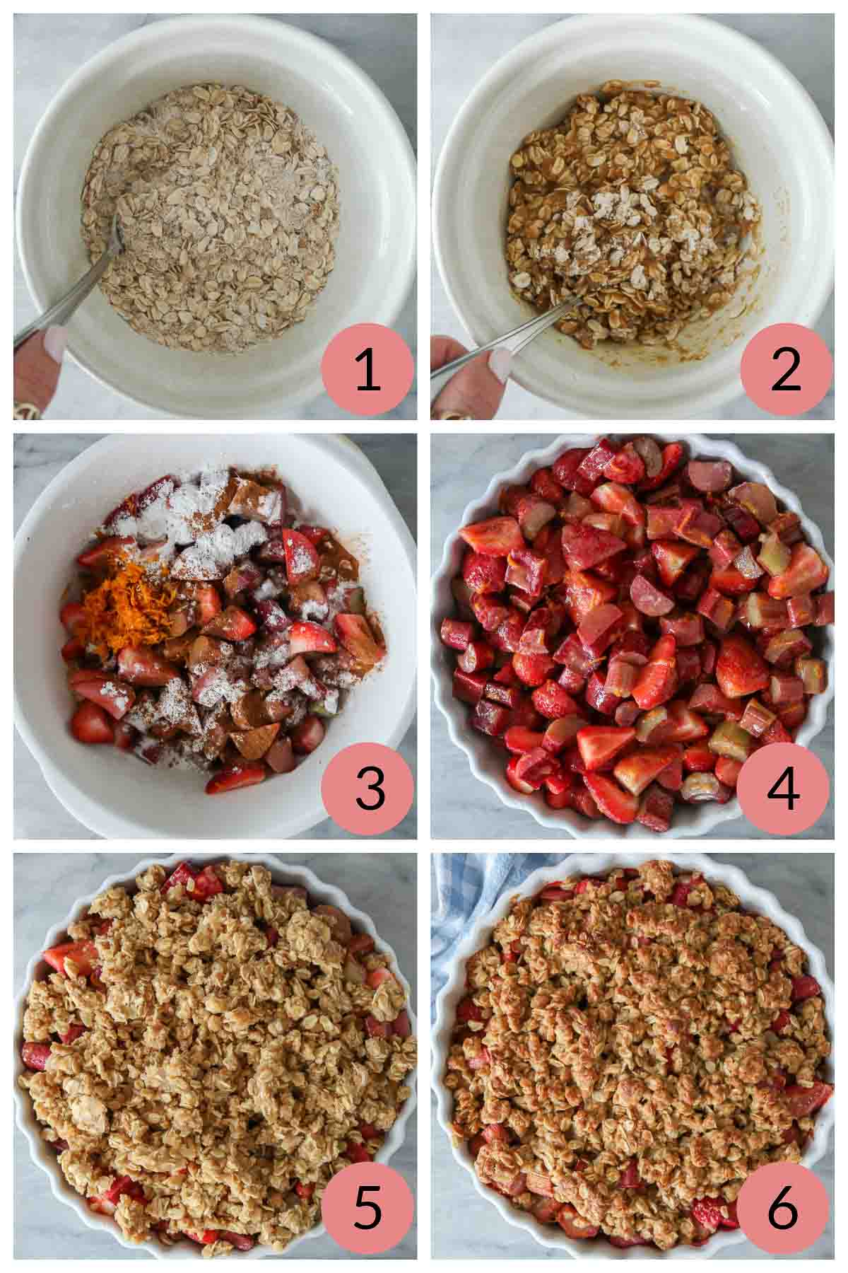 Collage of steps to make a strawberry rhubarb crisp recipe.