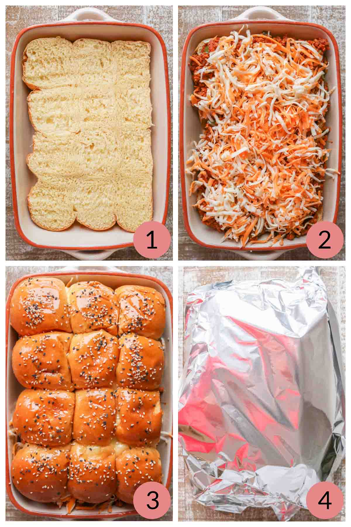 Collage of steps to assemble and bake sloppy joe sliders.