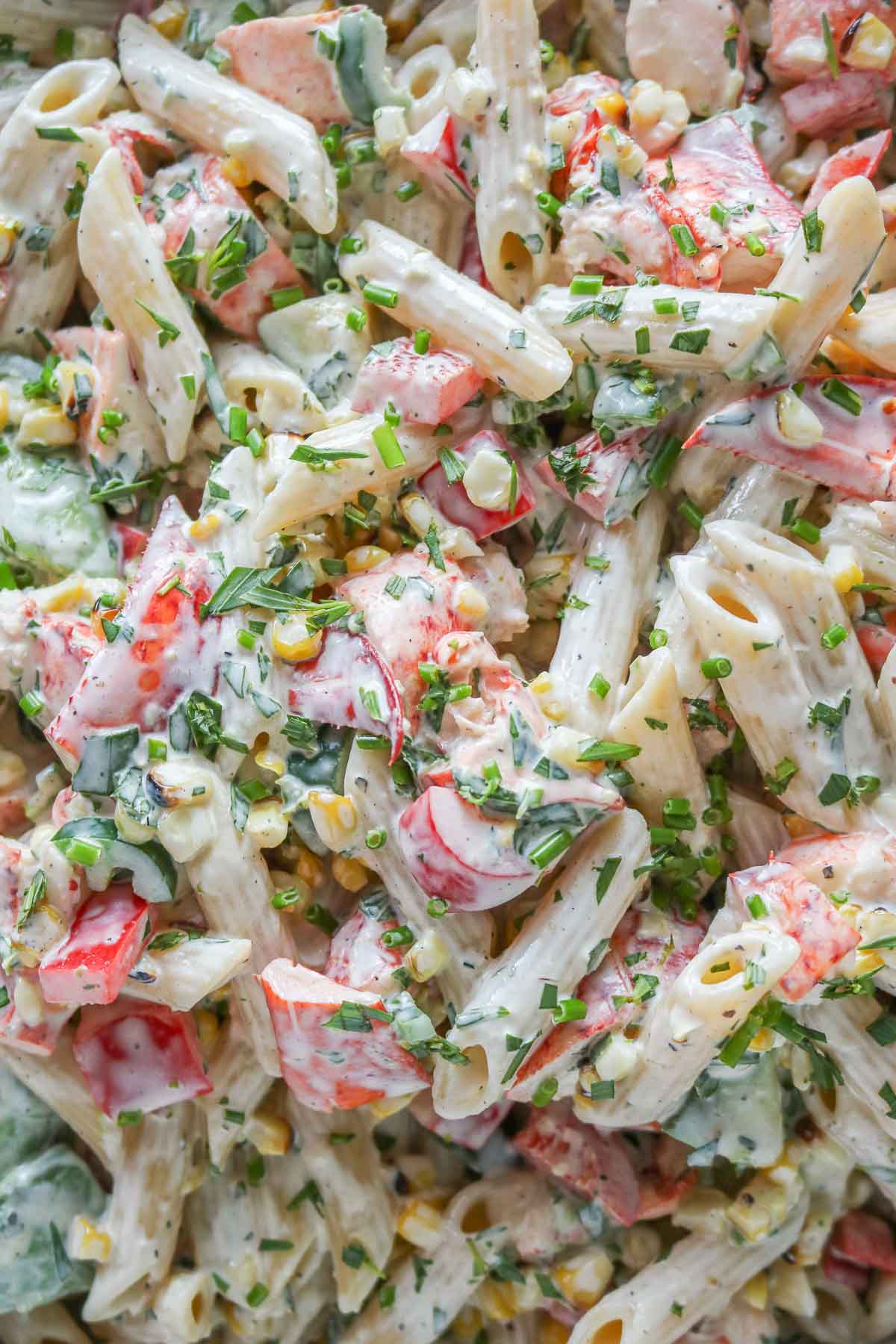 Close-up of lobster pasta salad.