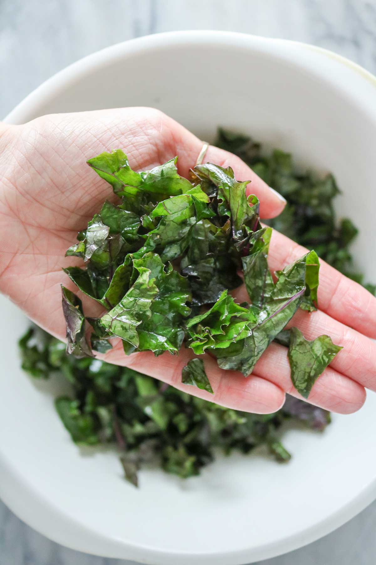 Hand holding chopped kale after it has been massaged.