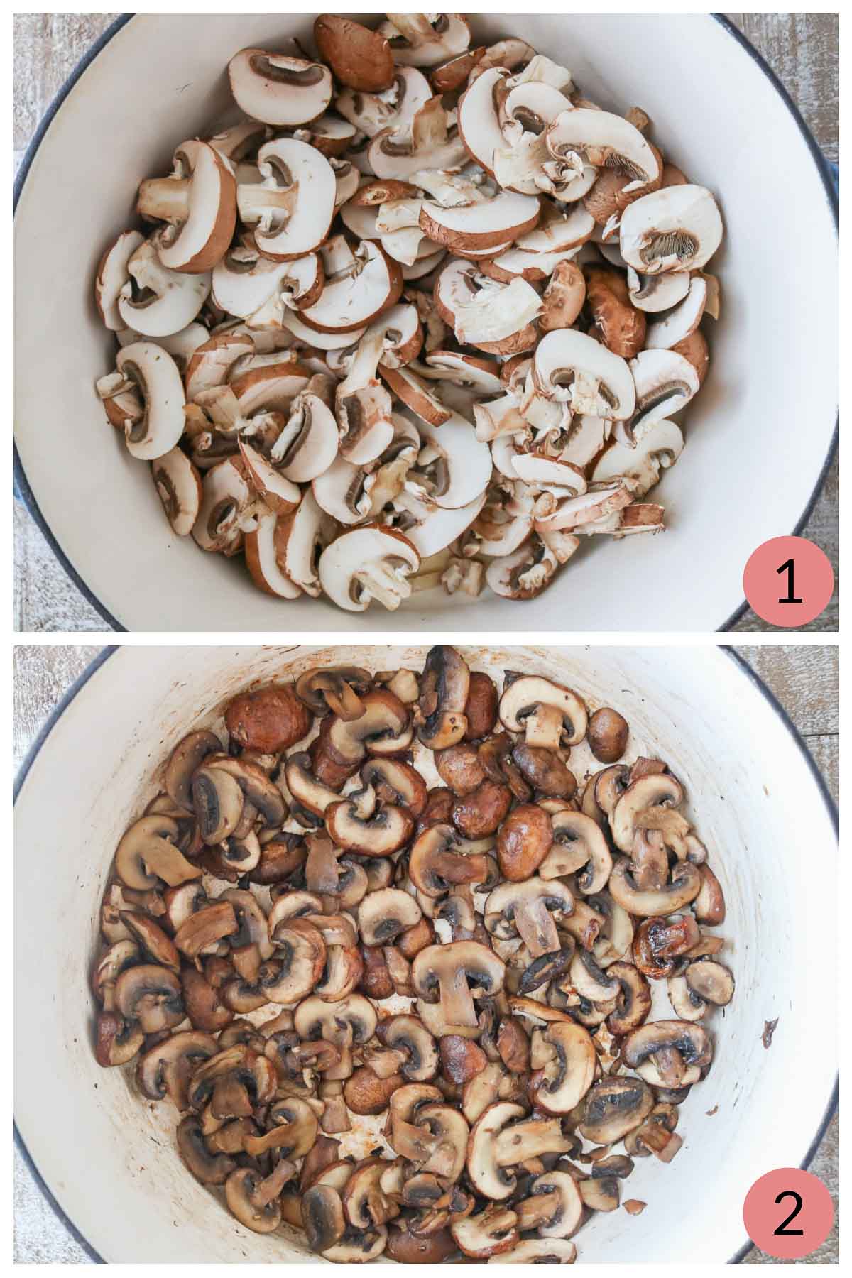 Collage: sliced mushrooms in a pot before and after cooking.