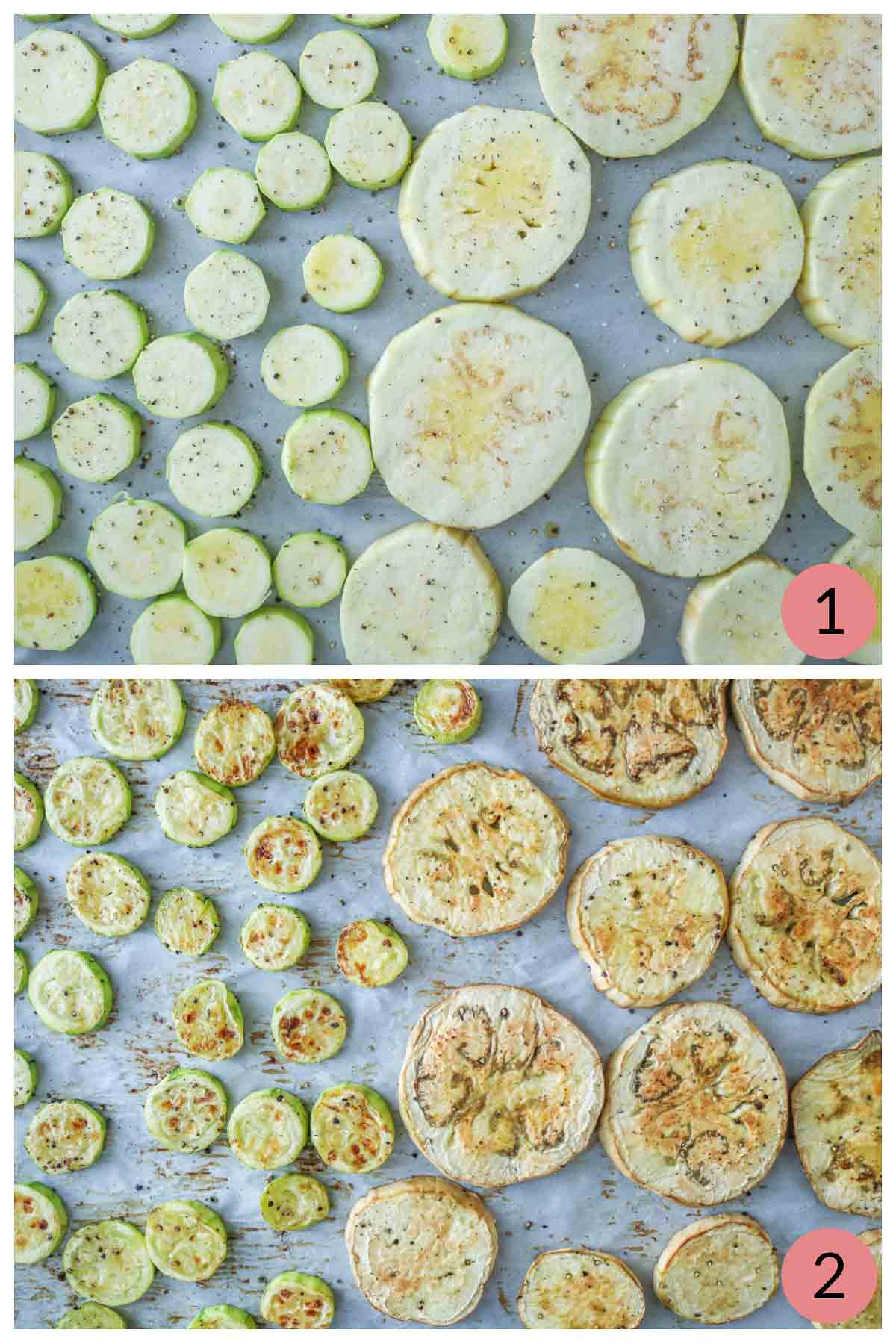 Collage: slices of zucchini on a parchment paper-lined sheet pan before and after roasting.