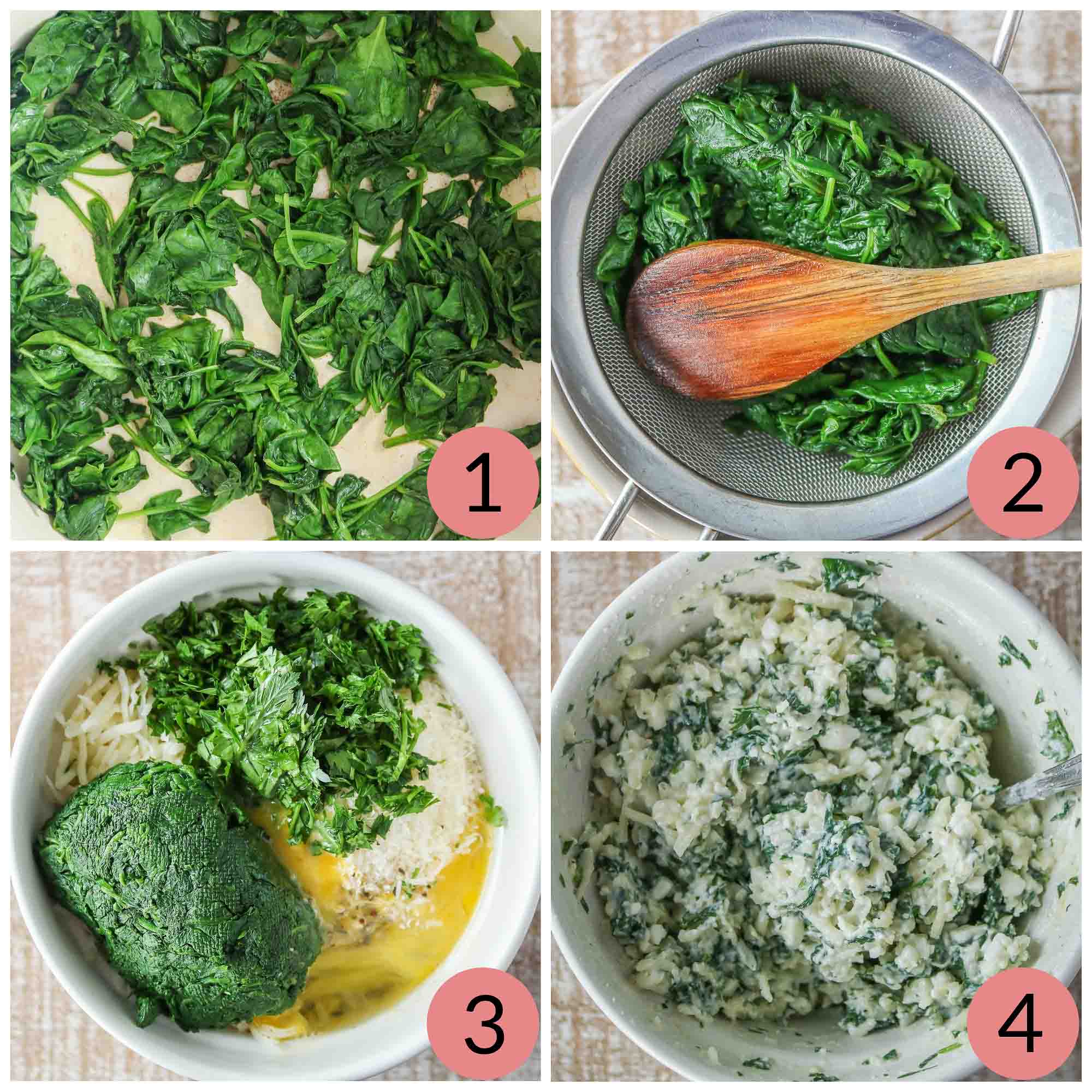 Collage of steps to make a spinach and cottage mixture for lasagna.